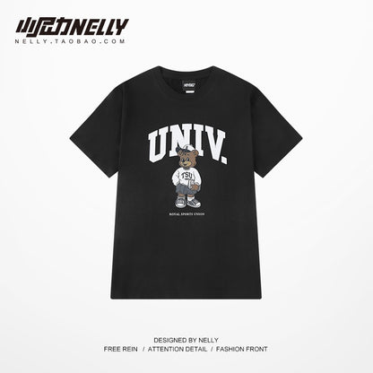 Cartoon bear short-sleeved men's summer high street Korean version of the trendy t-shirt design sense niche all-match tide brand men's tops