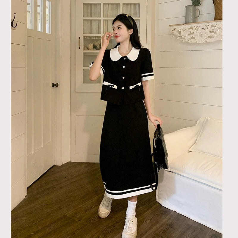 Large size women's clothing, small fragrant wind, casual skirt suit, women's summer fat MM covering meat, showing thinness, fatness and age reduction two-piece suit