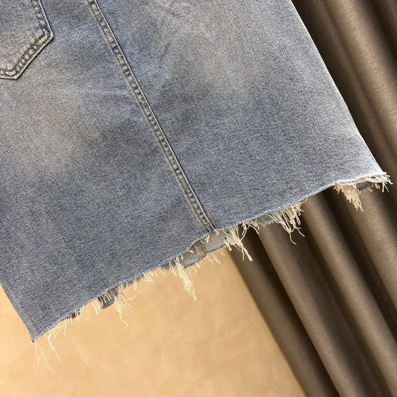 European station heavy industry beaded denim skirt women's summer new irregular rough edge retro high waist bag hip skirt