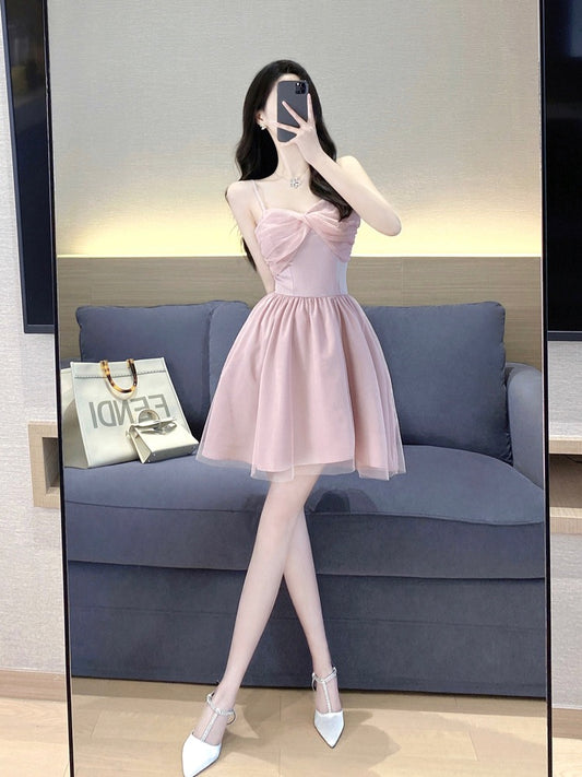 Pink suspender skirt women's summer 2023 new temperament sweet waistline thin gauze ballet style a-line dress