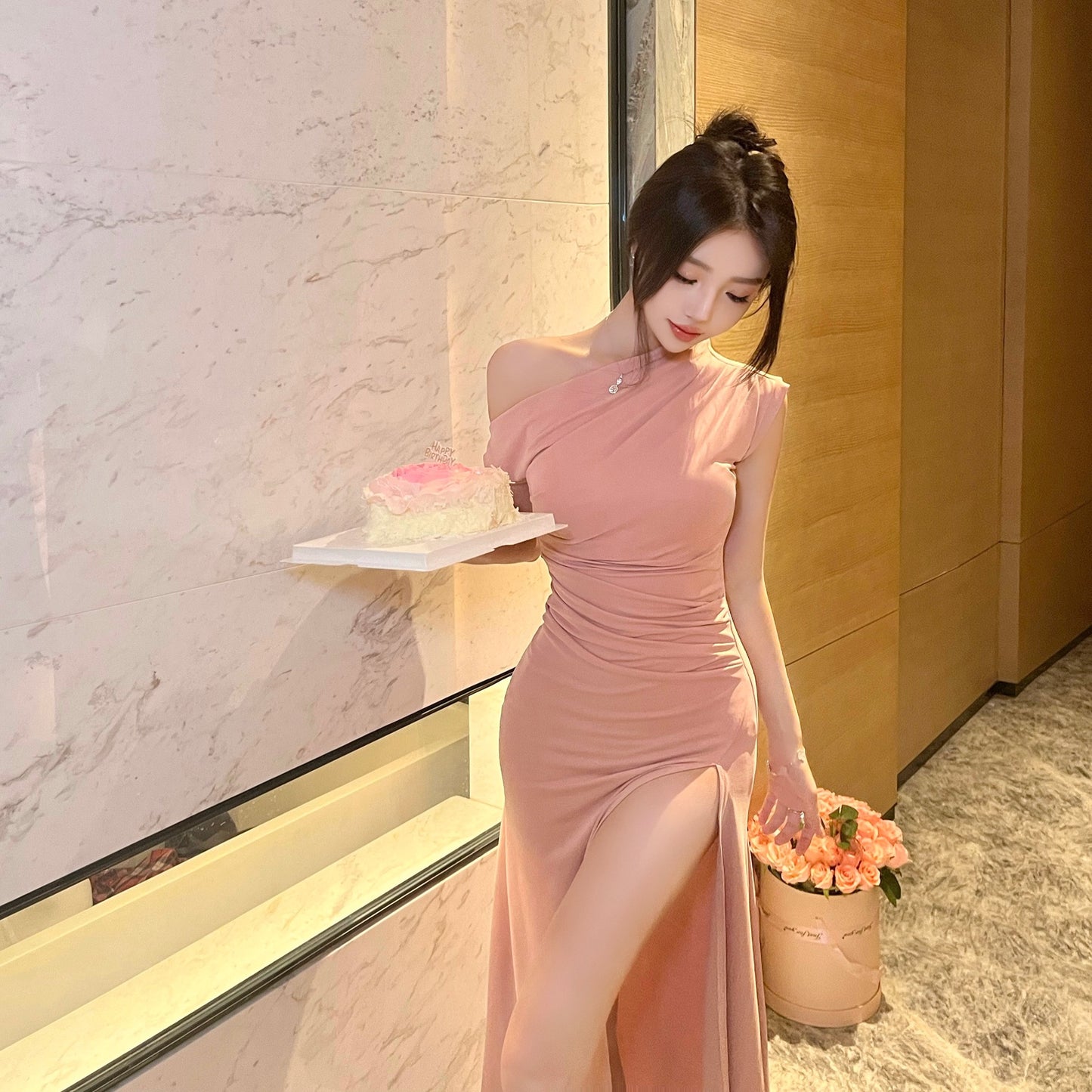 Yuzijiang Rae a wisp of fragrance/temperament waist waist show figure skirt women's summer slanted shoulders slit mid-length dress