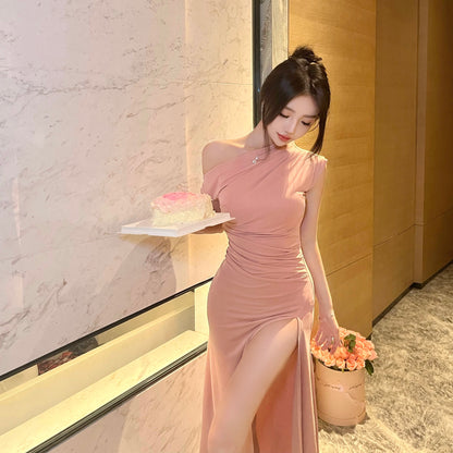 Yuzijiang Rae a wisp of fragrance/temperament waist waist show figure skirt women's summer slanted shoulders slit mid-length dress