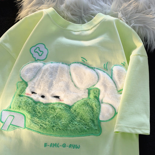 JWNEED cute puppy loose couple outfit short-sleeved T-shirt men and women summer niche design sense 3D three-dimensional top