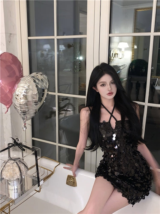 Spice girl hanging neck suspender dress female summer heavy industry sequin skirt sexy open back bright shiny bag hip skirt skirt