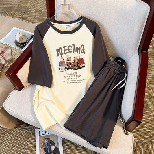 Retro Hong Kong style casual cotton cartoon short-sleeved sports suit women's summer new shorts fashion loose two-piece suit