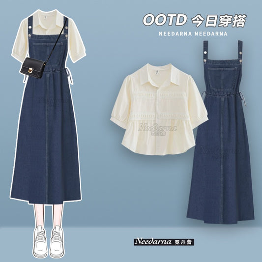 Salt fat fashion age-reducing tops and dresses suit summer slimming college style denim suspender skirt two-piece set