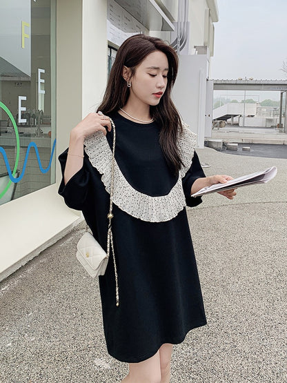Black French style small fragrance dress female summer small new splicing lotus leaf edge loose casual t-shirt skirt