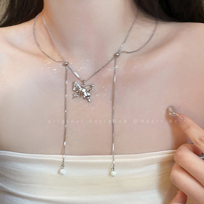 Silver Butterfly Pull Necklace Femininity Cold Wind Light Luxury Clavicle Chain Fashion 2023 New Versatile Necklace