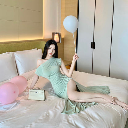 Yuzijiang Rae a wisp of fragrance/temperament waist waist show figure skirt women's summer slanted shoulders slit mid-length dress