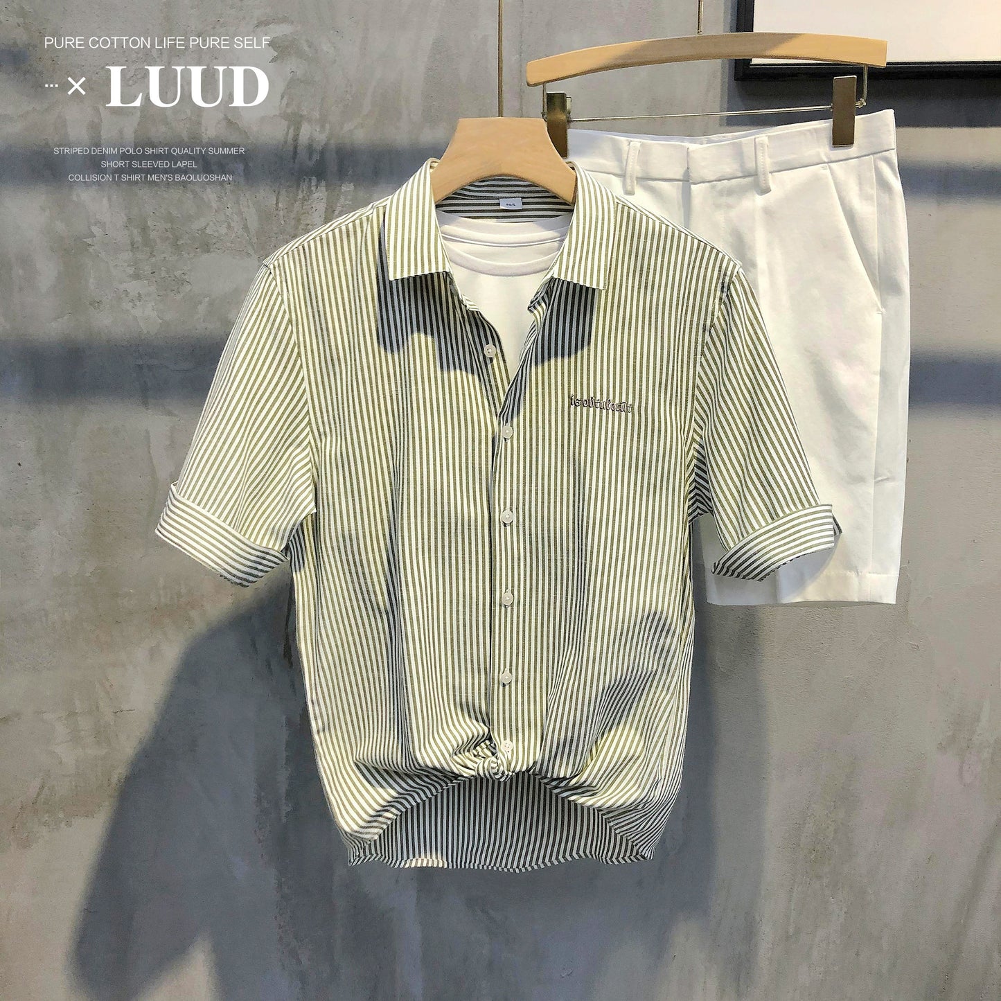 LUUD Original Light Luxury Casual Striped Shirt Trendy Men's Simple Versatile Lapel Inch Clothes Mid-Sleeve Embroidered Shirt Summer