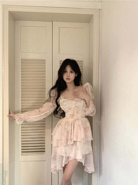 Gentle and sweet puff sleeve floral dress women's spring small temperament waist fairy skirt skirt