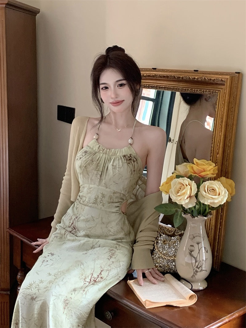 Gentle waist sling dress women's summer new Chinese style national style retro a-line skirt floral temperament long skirt