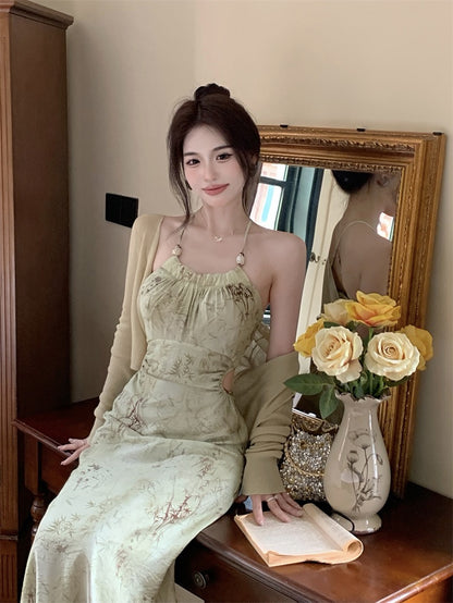 Gentle waist sling dress women's summer new Chinese style national style retro a-line skirt floral temperament long skirt