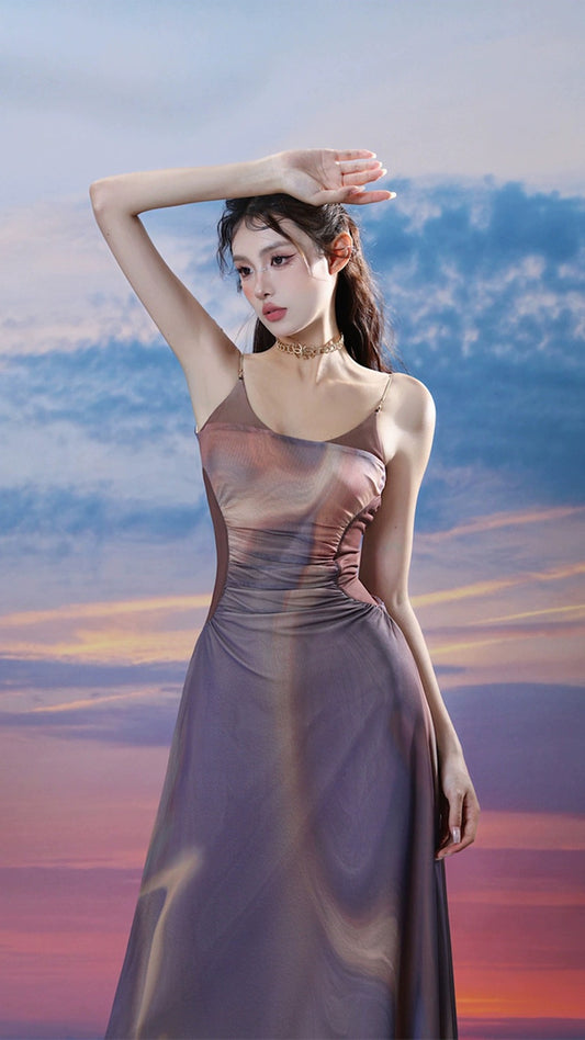 MOXI City Island Purple Oil Painting Dating Dress Women's Holiday Wind Contrast Color Pleated Strapless Sling Dress