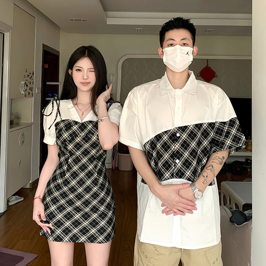 2023 new ins splicing short-sleeved shirt fake two-piece dress, one skirt and one suit