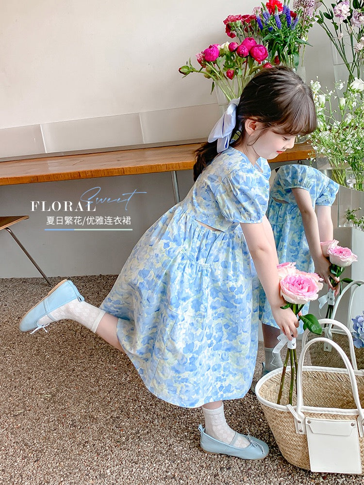 Girls summer dress 2023 new foreign style children's skirt summer little girl floral puff sleeve princess dress