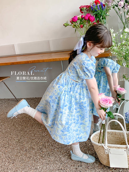 Girls summer dress 2023 new foreign style children's skirt summer little girl floral puff sleeve princess dress