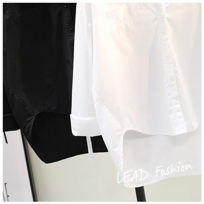 Round neck white long-sleeved shirt women 2023 spring new quality loose casual shirt roll sleeve top cardigan tide