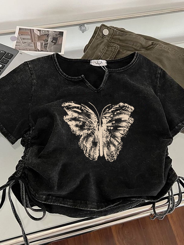 American retro washed old short-sleeved tide brand t-shirt women's summer 2023 new loose Hong Kong style chic top ins