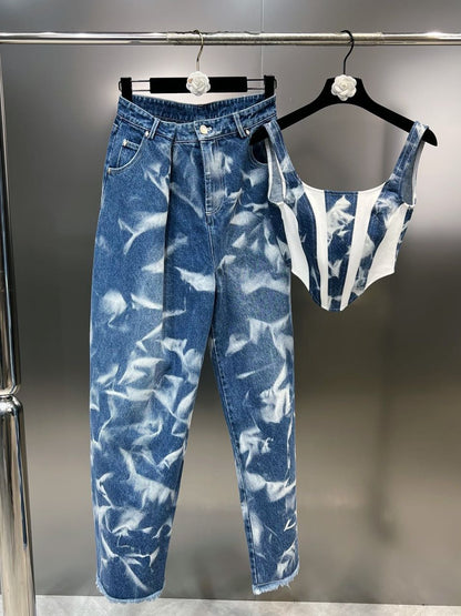 Grapefruit MM 2023 Summer Square Collar Sleeveless Sleeveless Color Matching Waist Suspender Straight Leg Pants European and American Hot Girl Style Denim Suit