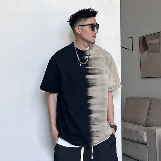 Uncle Bar Summer Casual Contrast Color Tie-Dye Heavy Short-sleeved T-shirt Men's Loose Half-sleeved T-shirt American Trend Five-point Sleeves