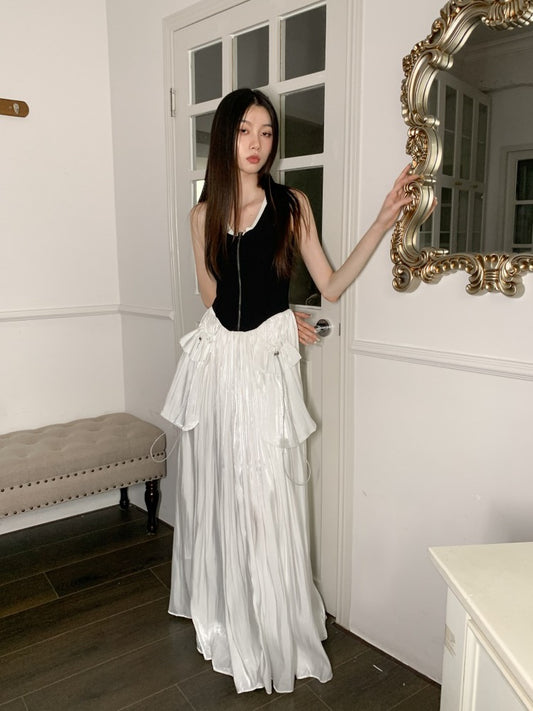Ambilight style illustrated book elegant large skirt vest dress female contrast color pocket splicing skirt