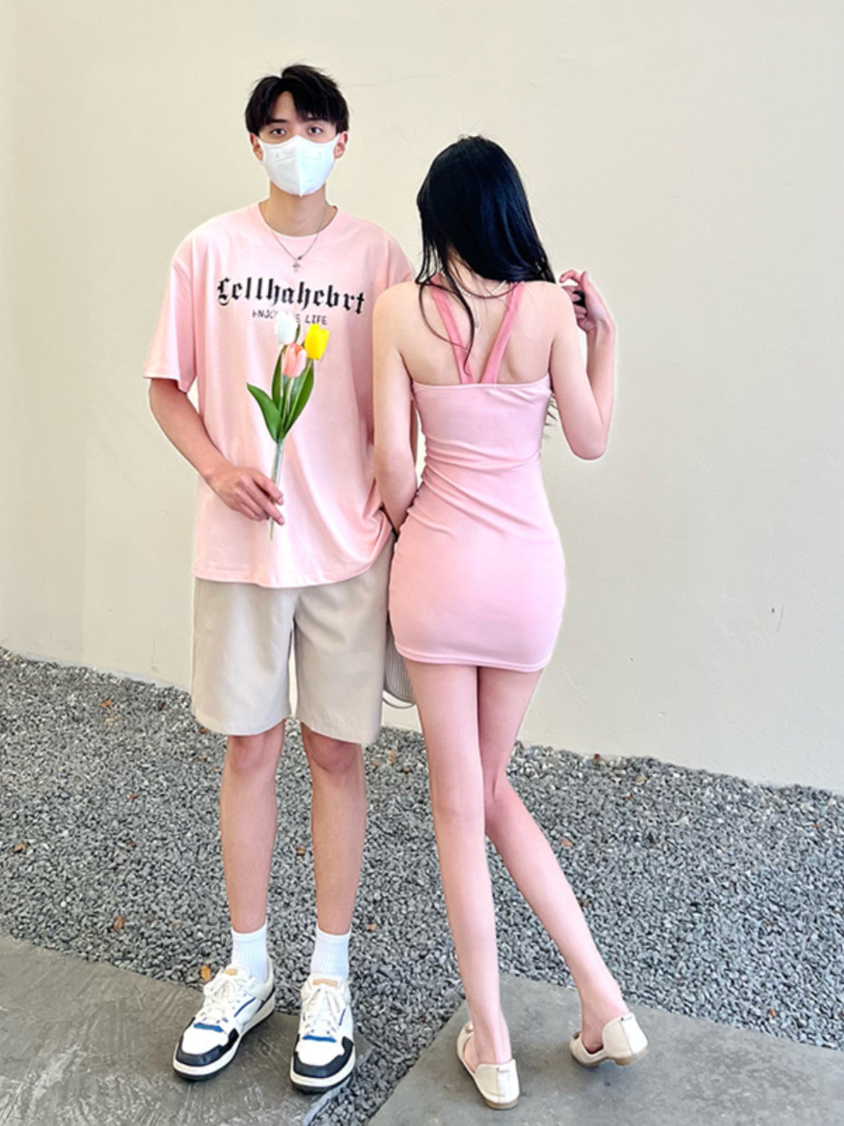 Couple wear summer clothes niche design sense ins short-sleeved T-shirt female cross suspender bag hip dress one skirt one clothes tide