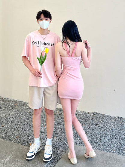 Couple wear summer clothes niche design sense ins short-sleeved T-shirt female cross suspender bag hip dress one skirt one clothes tide