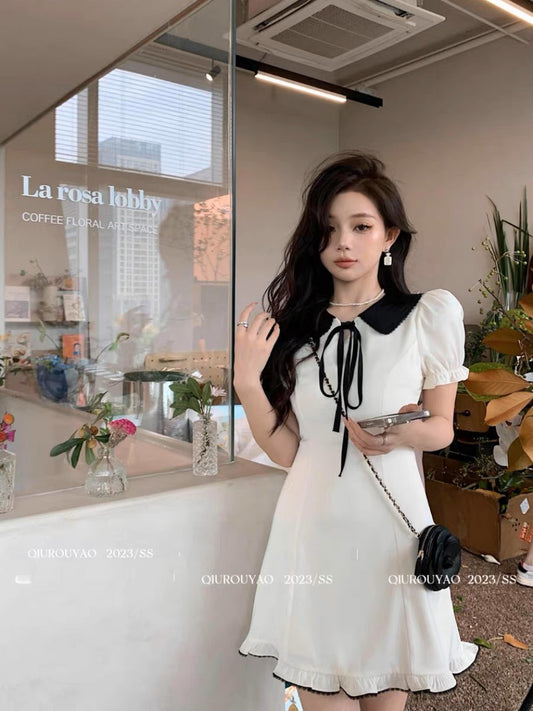 Qiu Rouyao Summer New Waist Slim Short Skirt Drawstring Contrasting Color Puff Sleeves A-Line Slim High-end Dress