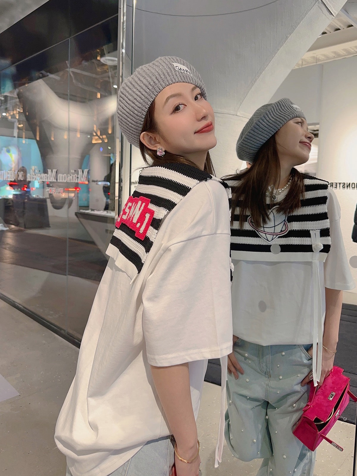 Thebestxue Korean version of the college wind fake two-piece striped love knitted shawl stitching white short-sleeved T-shirt women