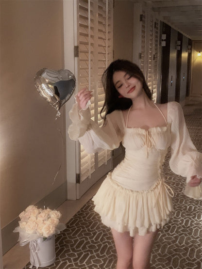 Ballet style halter neck long-sleeved dress fairy summer gentle and sweet skirt sleeveless slim waist princess skirt