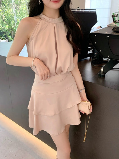 ByYou Summer High-quality Halter Neck Sleeveless Satin Top Set High Waist Slimming Ruffle Skirt Two-piece Set