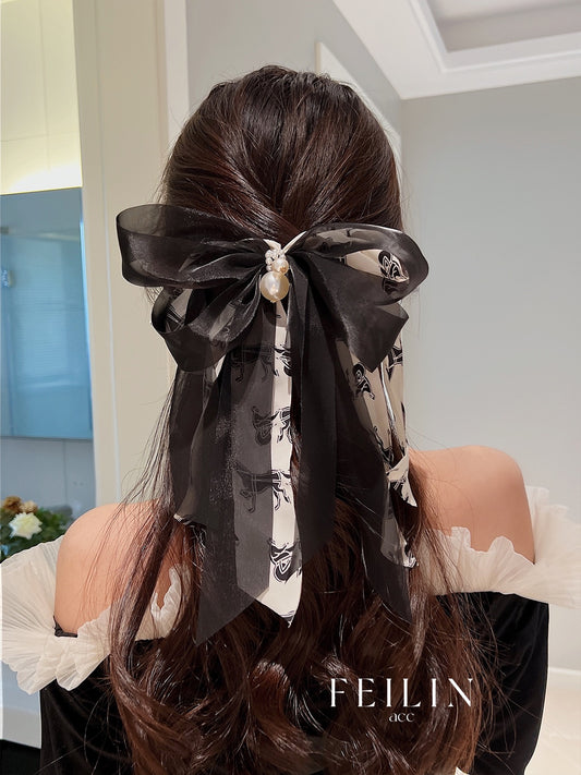 Black Pearl Ribbon Big Bow Headdress Hairpin Women's Summer Back of the Head Hair Kaza Ponytail Spring Clip Hair Accessories