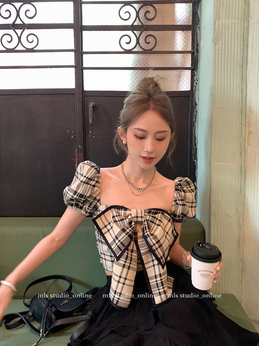 MLS bowknot plaid shirt women 2023 summer new fairy top super fairy sweet French short-sleeved shirt
