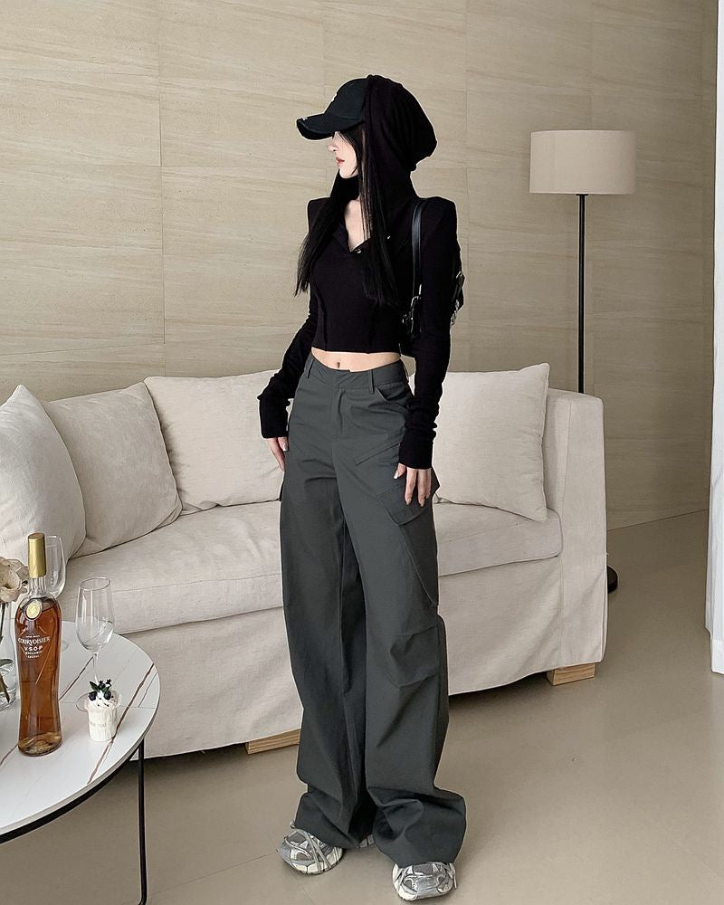 Gray high-end overalls women's summer slim loose casual trousers high waist straight wide leg mopping pants