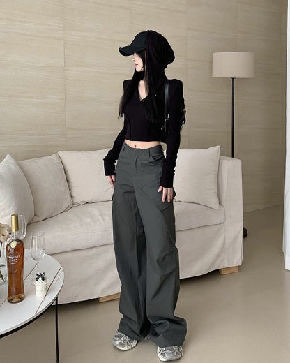 Gray high-end overalls women's summer slim loose casual trousers high waist straight wide leg mopping pants