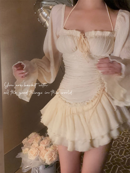 Ballet style halter neck long-sleeved dress fairy summer gentle and sweet skirt sleeveless slim waist princess skirt