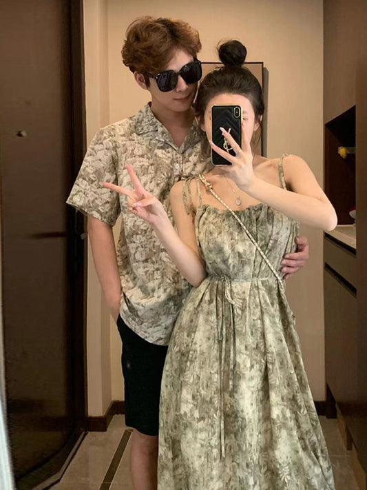 Couple dress, one dress, one summer dress, suspender skirt 2023 new French retro floral dress seaside holiday tide