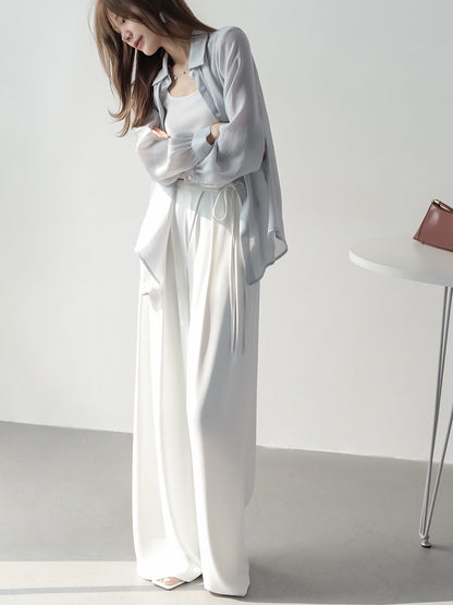 MZOMXO girdle design drapes smooth summer high waist loose straight pants thin ladies casual wide leg pants
