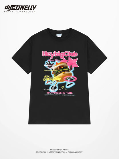 ins2023 American retro hamburger print short-sleeved T-shirt men's and women's tide brand design sense half-sleeved t-shirt mid-sleeved tee