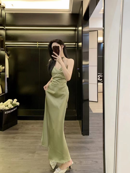 Leathercat sling dress women's clothing 2023 summer new French temperament waist slim hanging neck long skirt