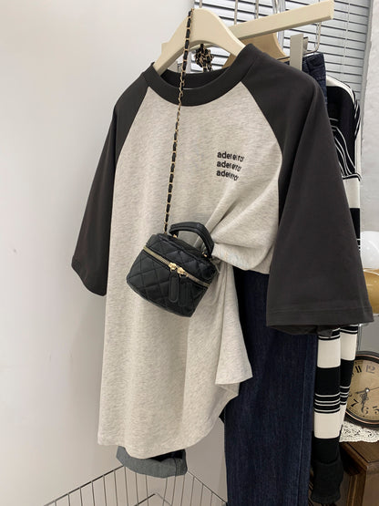 American retro gray raglan sleeves short-sleeved t-shirt women's summer summer design sense niche half-sleeved T-shirt loose top