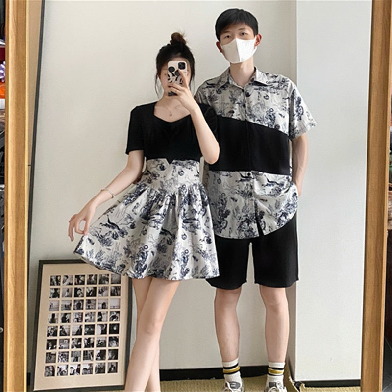 French lovers' summer dress niche design national style improved version fake two pieces floral dress women's short-sleeved shirt