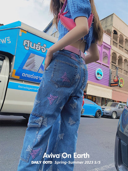 [Earth Shop] Heavy Industry Butterfly Embroidery Light Blue Tooling Style Narrow High Waist Loose Straight Jeans Women's Summer