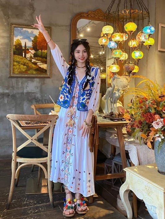 Sweet Eighteen Yunnan Dali Holiday Long Dress Retro Travel Wear V-neck Embroidered White Dress Ethnic Dress