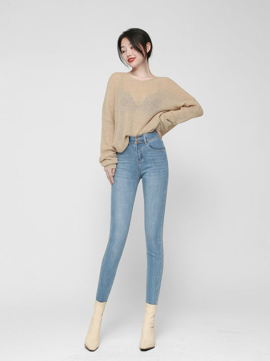 Wang Youshan light blue high waist jeans women's tight pencil pants nine points 2023 spring and summer new style pants