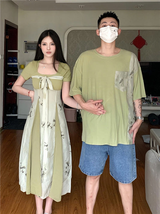 New Chinese style couple clothes summer niche design sense short-sleeved t-shirt female Hanfu dress French one skirt one clothes tide