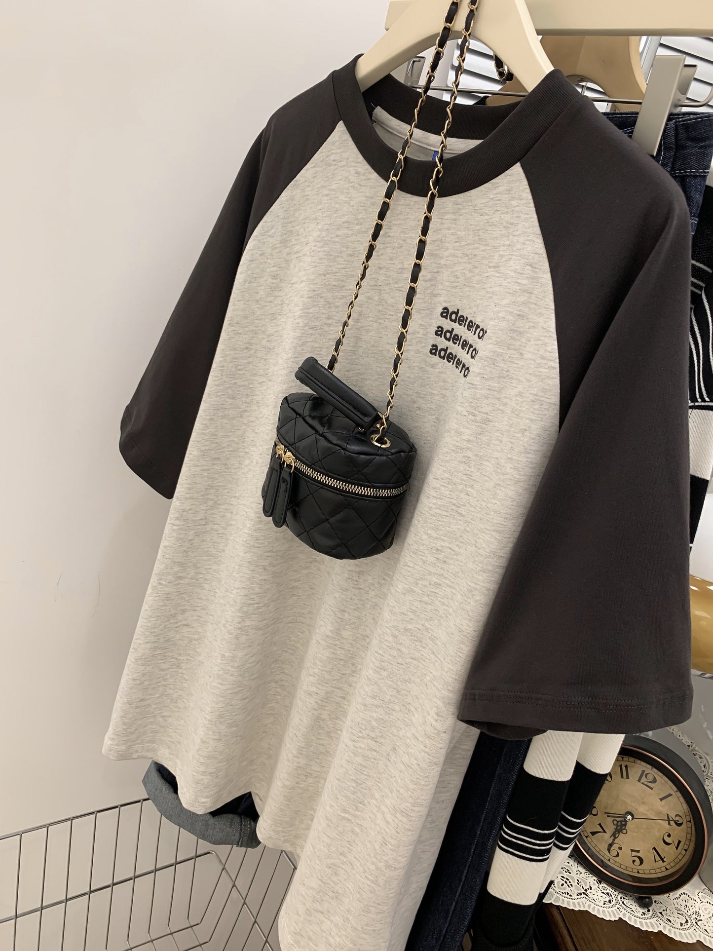 American retro gray raglan sleeves short-sleeved t-shirt women's summer summer design sense niche half-sleeved T-shirt loose top