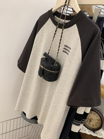 American retro gray raglan sleeves short-sleeved t-shirt women's summer summer design sense niche half-sleeved T-shirt loose top