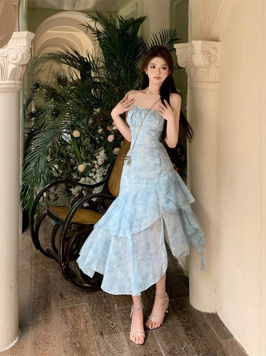 Floral chiffon sling dress women's summer super fairy ruffled irregular long skirt waist slit blue skirt